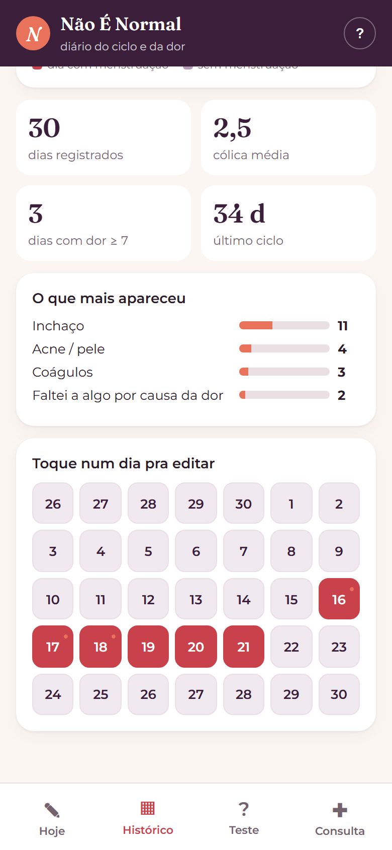 Calendário de registros