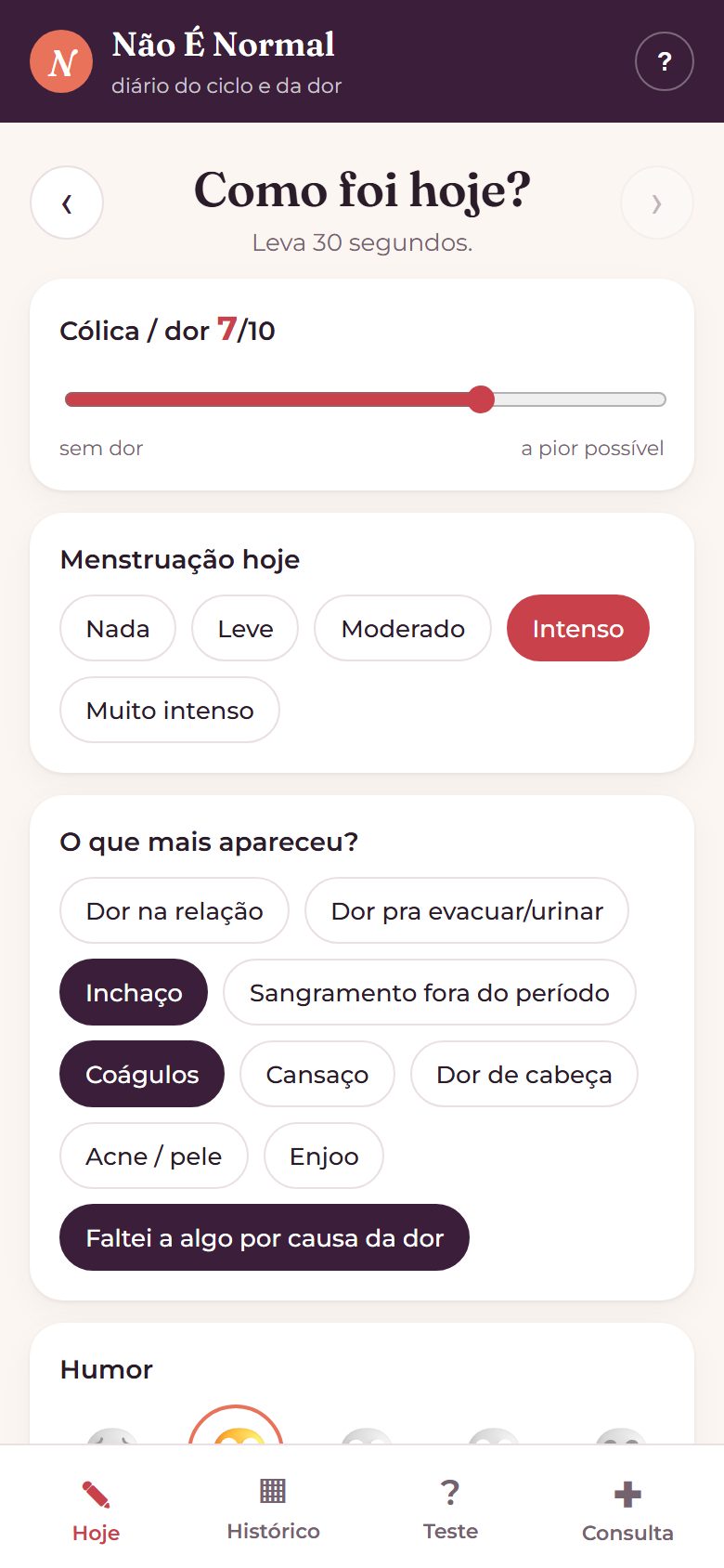 Tela de registro do dia no app Não É Normal